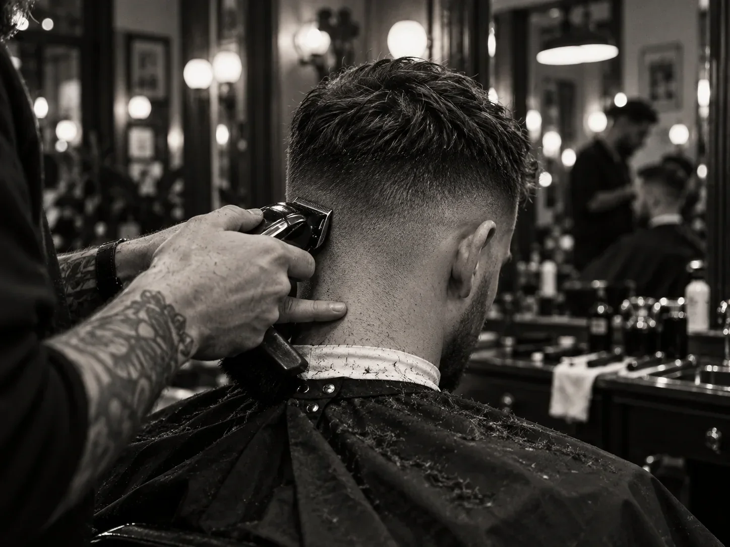 A barber carefully shaping a clean fade