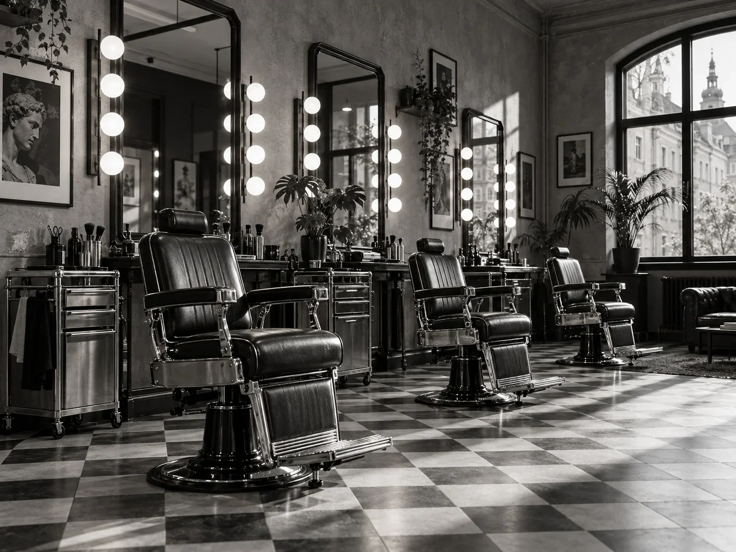 Inside the Smena barbershop, with classic chairs and mirror lights