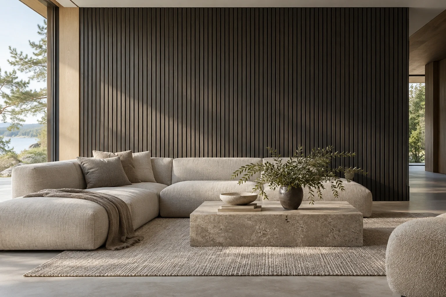 Ozola panelis Graphite — Materiālu un telpas piemērs