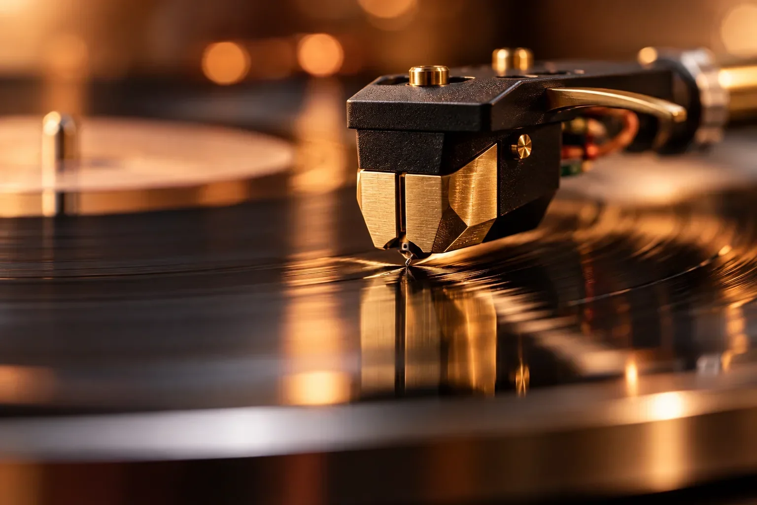 A phono cartridge tracing the grooves of a vinyl record