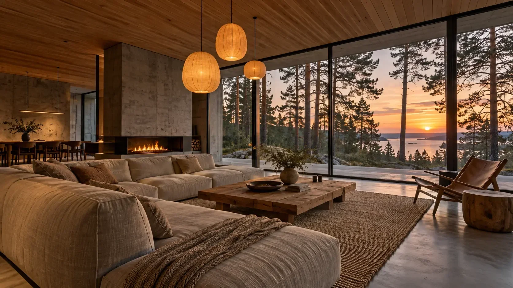 Warm oak interior opening onto a pine forest