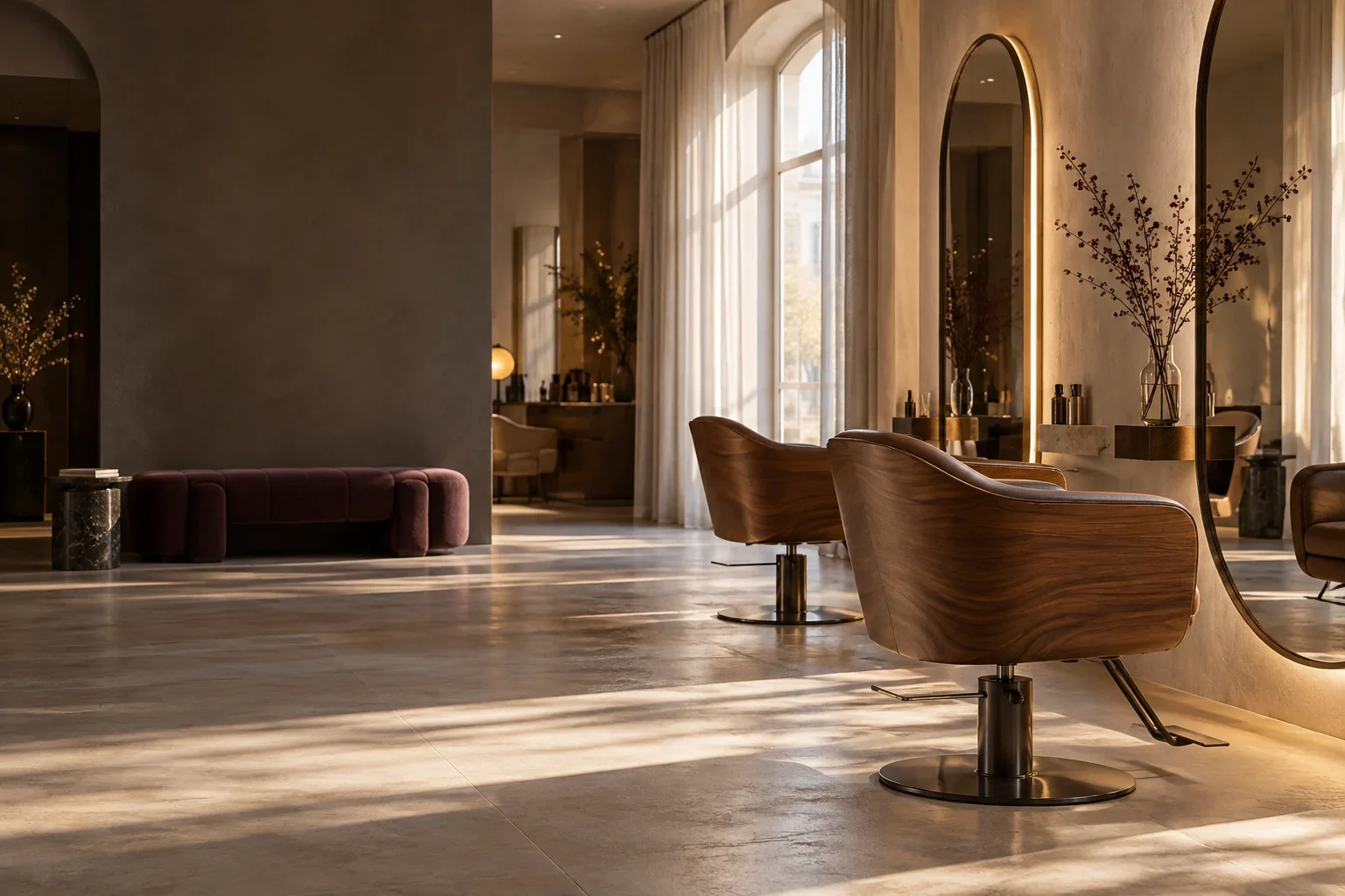 Sunlight across AURA salon mirrors and walnut chairs