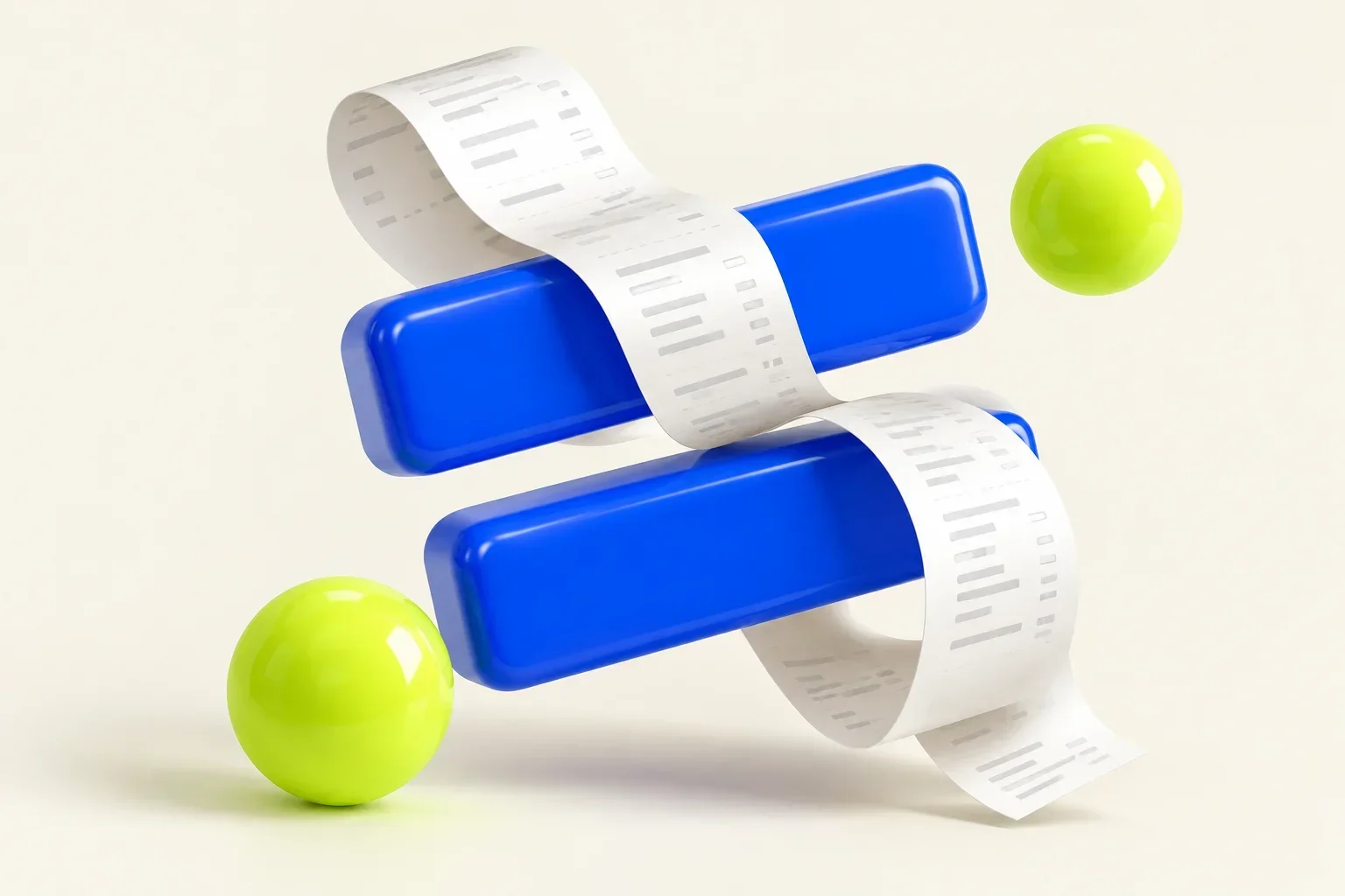 Glossy blue equals sign with an accounting receipt and lime spheres